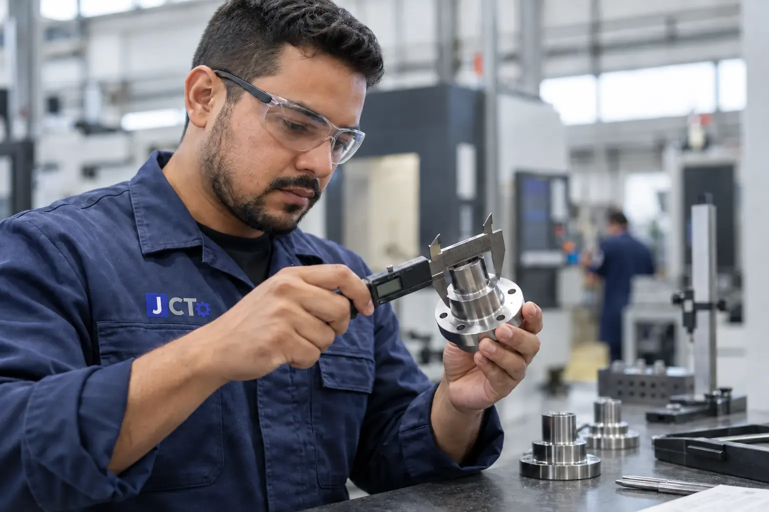 Profissional realizando inspeção dimensional em componente industrial
