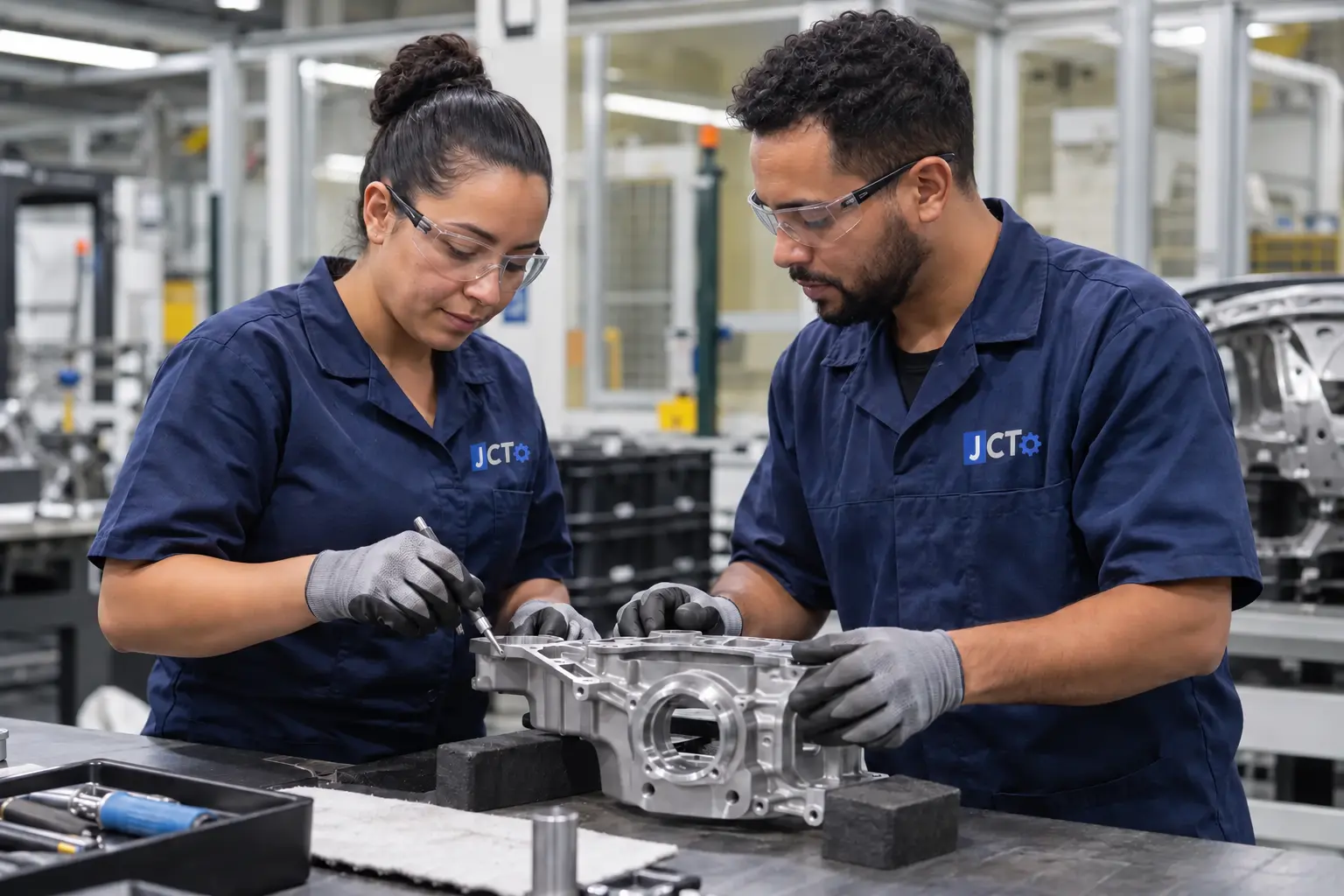 Equipe executando retrabalho controlado em componente industrial